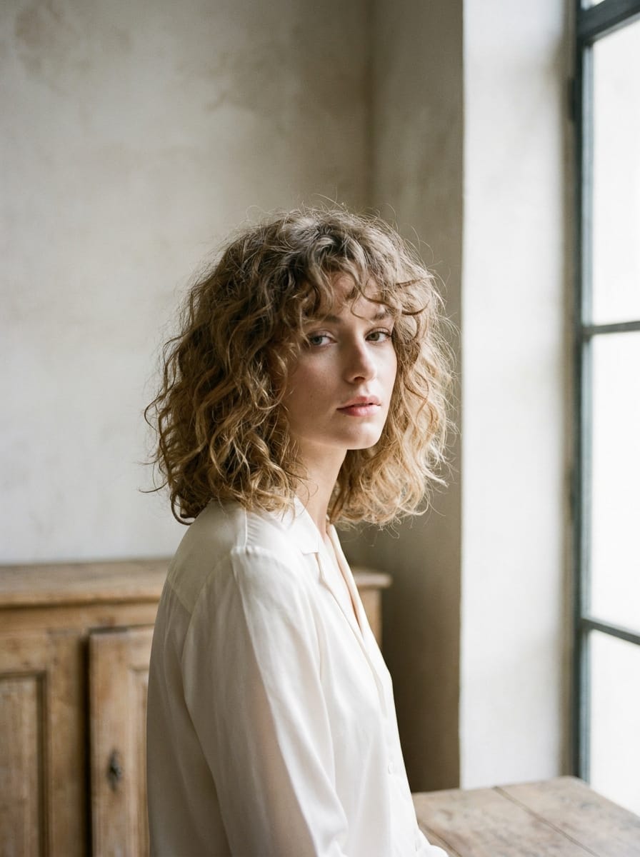 French Curly Lob - Locken Frisur mittellang